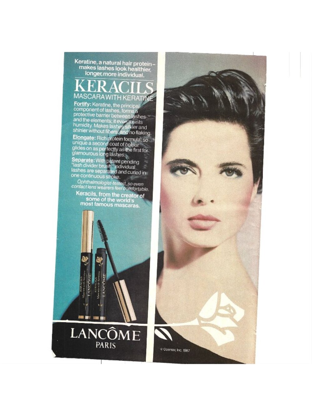 Print Ad Lancôme Keracils Mascara 1987 Makeup AD Paris Isabella Rossellini